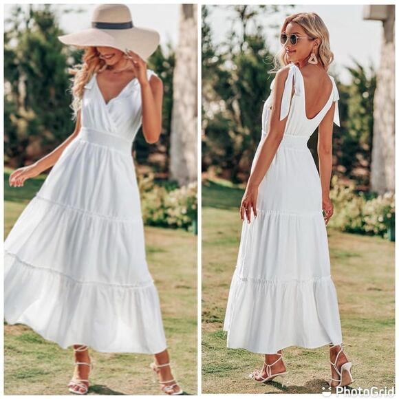 Maxi Dress Beach Tie Strap Smocked Long Pleated Sundress - Picture 1 of 9